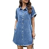 Yewfirm Denim Dress for Women Midi Jean Shirt Dresses Button Down Short Sleeve Summer Womens Jeans Babydoll Pockets