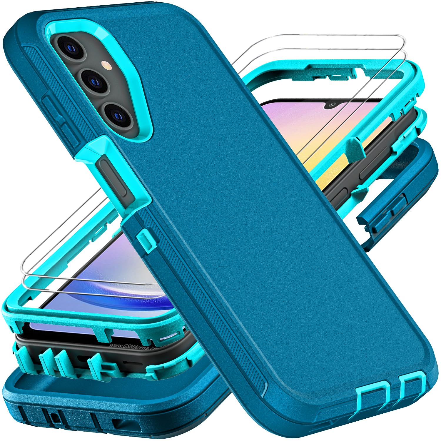 Photo 1 of YKHJKLEC for Samsung Galaxy A25 5G Case, Military Grade 3 in 1 Heavy Duty Shockproof/Drop Proof/Dust Proof Case with 2Pcs Tempered Glass Screen Protector (Blue/Turquoise)