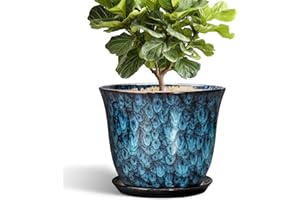 SUNPOTFOR Ceramic Plant Pots - 12 Inch Pots for Plants Indoor Outdoor, Large Round Planter with Drainage Hole and Saucer, Modern Decorative Flower Pot, Home Garden Decor, House Warming Gifts, Blue