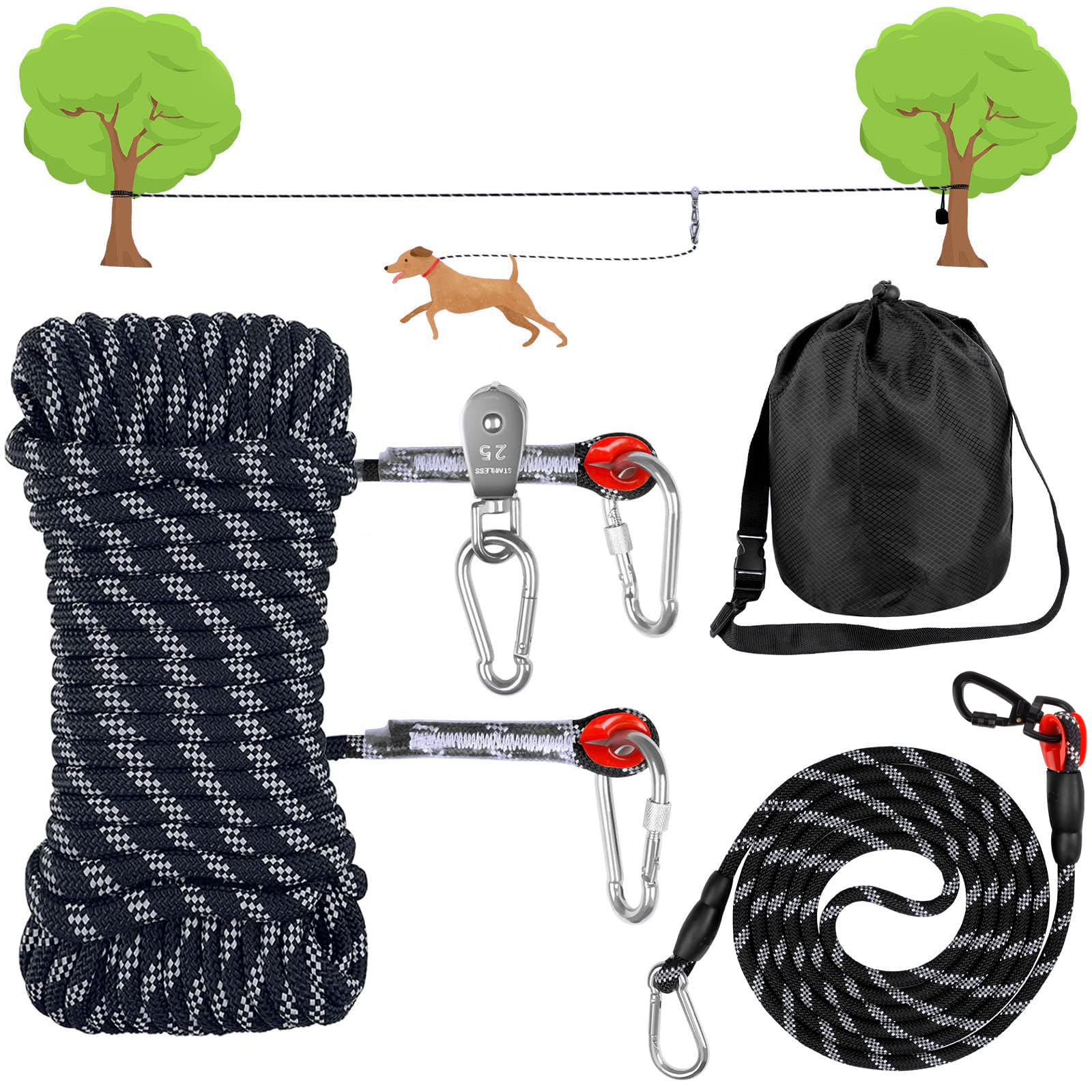 Photo 1 of Dog Camping Essentials,Tie Out Cable for Camping,50ft Portable Overhead Trolley System with 10ft Runner Lead for Dogs up to 200lbs,Portable Reflective Dog Lead Line for Yard, Park and Outdoor (Black)