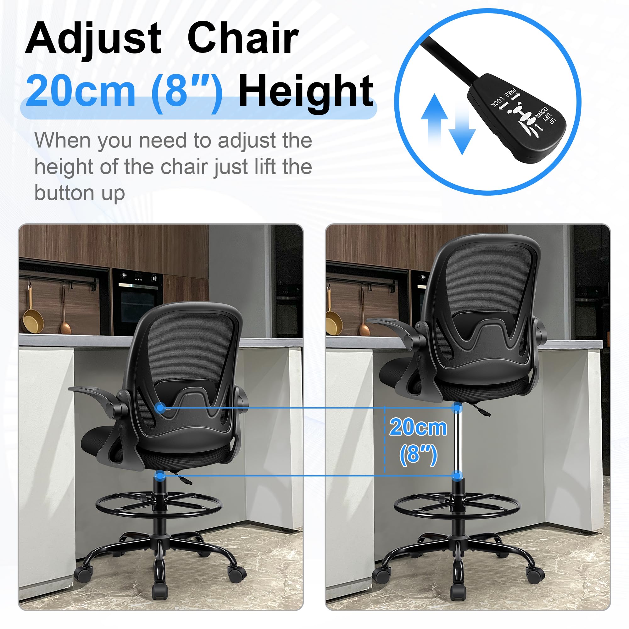 Drafting Chair Tall Office Chair with Flip-up Armrests, Adjustable Height, and Enhanced Lumbar Support - Ergonomic Rolling Stool, Back Support, and Adjustable Foot Rest Ring for Standing Desk Black