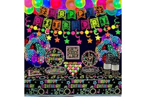 XJLANTTE Glow Neon Party Supplies - Neon Balloon, Glow in the Dark Happy Birthday Banner, Hanging Swirls, Cake Topper, Tablecloth, Plates, Napkins, Cup for Blacklight Party Decorations, Serves 20 Guest