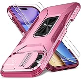 HakkTaoo Case for iPhone 16 Pro Max with Slide Camera Cover+Screen Protector(2 Packs), Military Grade Shockproof Protective Cover, Rotated Ring Kickstand(A - Pink+Red)