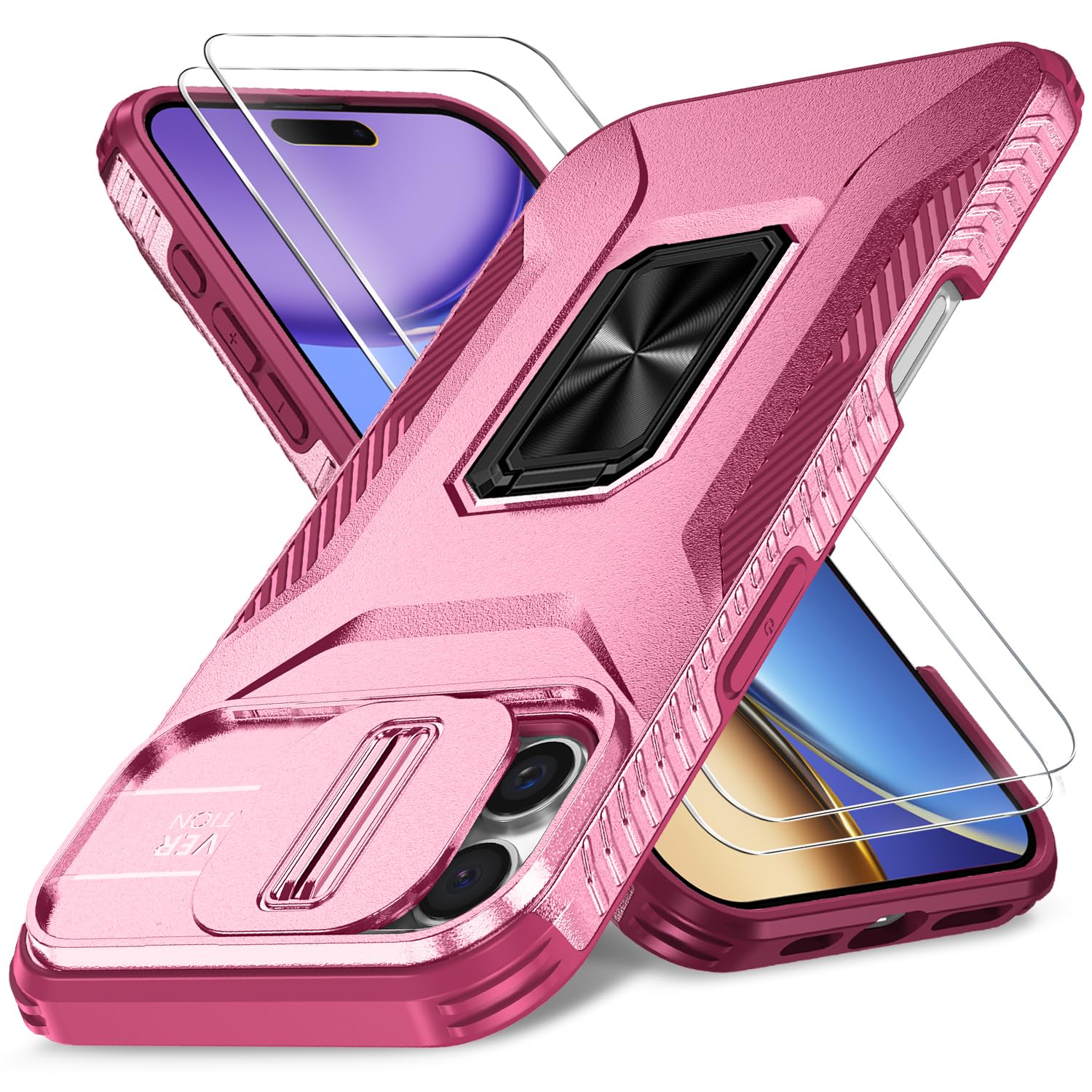 HakkTaoo Case for iPhone 16 Pro with Slide Camera Cover+Screen Protector(2 Packs), Military Grade Shockproof Protective Cover, Rotated Ring Kickstand(A - Pink+Red)