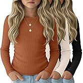 LessonZoo 3 Pack Girls Long Sleeve Shirts Cotton Ribbed Knit Ruched Layer Tops Slim Fit Casual Undershirts Crewneck Tees