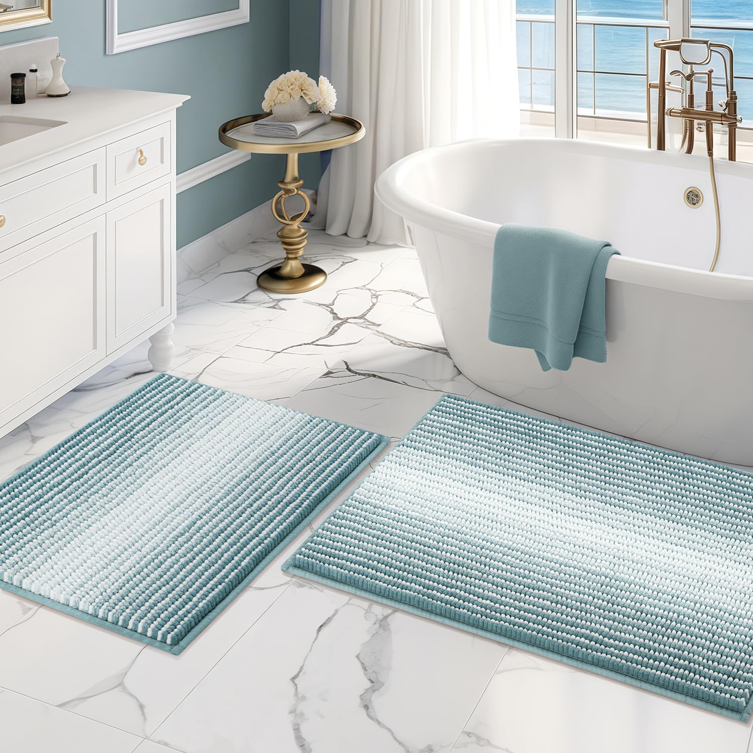 Photo 1 of BSICPRO Bathroom Rugs and Mats Sets, 2 Piece Thick Absorbent Chenille Bath Mat Rug Set Non Slip, Soft Shaggy Bath Room Floor Mats for Bathroom, Machine Washable (Sea Green, 20" x 32" Plus 16" x 24")