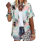 ZXZY Women Summer Hawaii Shirts Soft Cool Floral Tropic Print Short Sleeve Button Up Tops T-Shirt