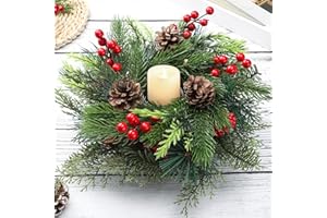 Mumufy Christmas Centerpiece Candle Holder 12 Inch Artificial Mini Tabletop Decoration Candle Holder with Pine Cones Artificial Pine Branches Red Berry 1 Candle Holders for Festival Home Decoration
