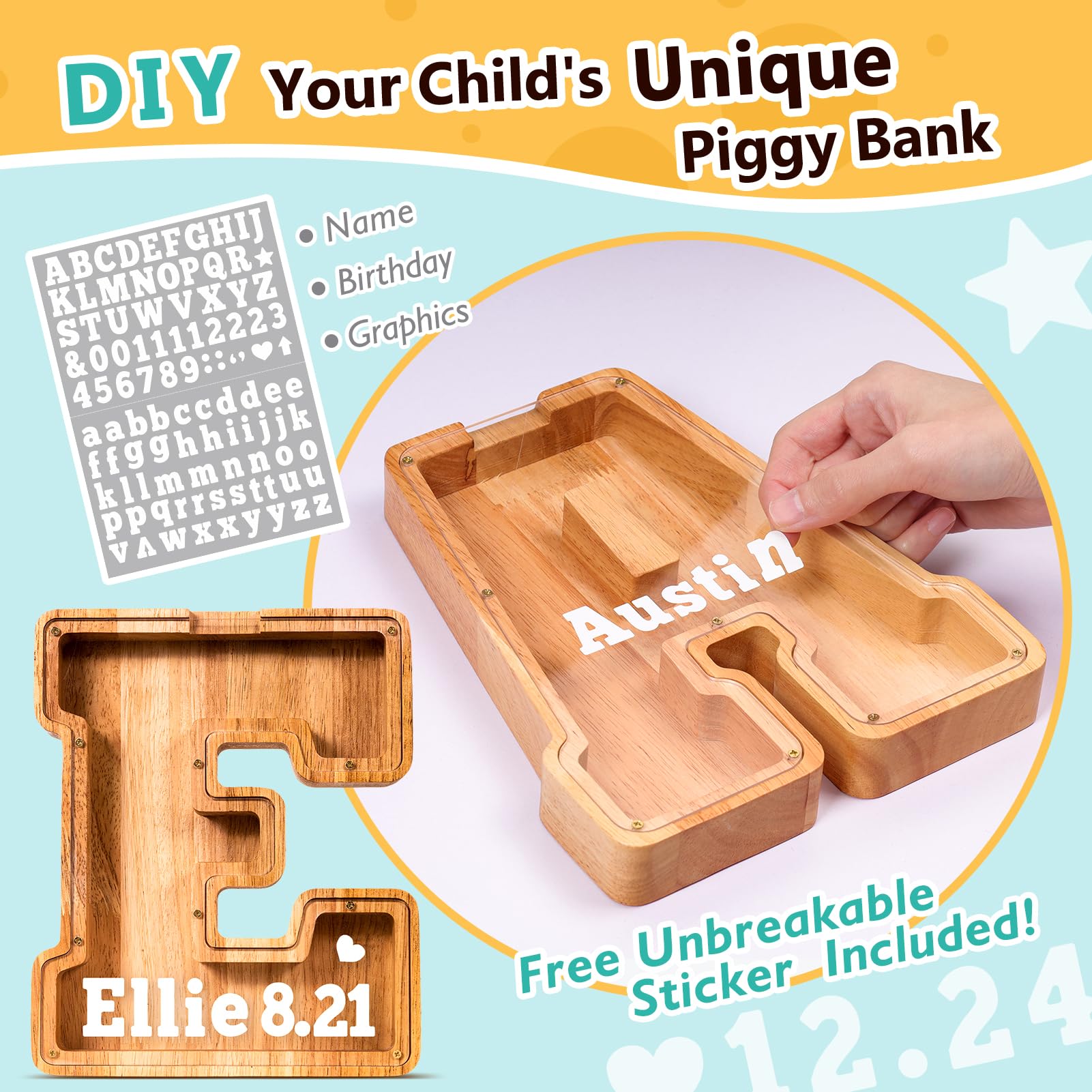 SummiDate Wooden Letter Piggy Bank for Kids| Piggy Bank for Boys Girls Toddler| Alphabet E Money Bank| Wood Coin Bank Personalized Birthday Easter Gift for Kids (E)