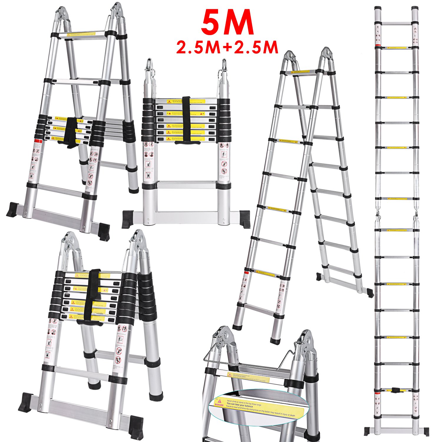 Ladders Busyall 5M Telescopic Ladder Aluminum Telescopic Ladder Tall Multi Purpose Heavy Duty
