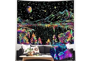 Zussun Blacklight Mountain Tapestry Starry Night Tapestries for Bedroom Aesthetic Moon and Stars Tapastry Wall Hanging Glow in The Dark Nature Forest Wall Tapestry for Living Room Dorm (60'' × 44'')