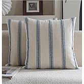 Cethom Boho Throw Pillow Covers 20x20 Set of 2, Beige and Blue Striped Decorative Pillow Cases for Couch Chair Bed, Textured Farmhouse Accent Cushion Covers for Living Room Bedroom Sofa Home Decor