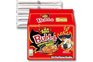 Buldak Ramen Noodles - 2x Spicy Flavor - 5 Pack - Spicy Ramen Noodles Samyang Buldak Ramen Korean Spicy Hot Chicken Stir-Fried Noodles Bundle with 5 ALL.FOR.YOU. Branded Chopsticks