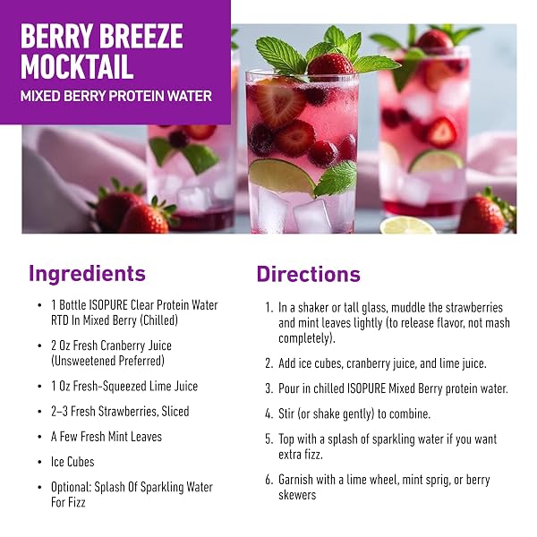 ISOPURE CLEAR PROTEIN WATER WITH ELECTROLYTES, 15G WHEY PROTEIN ISOLATE, ZERO SUGAR, MIXED BERRY, 20 FL OZ BOTTLE, 1 COUNT