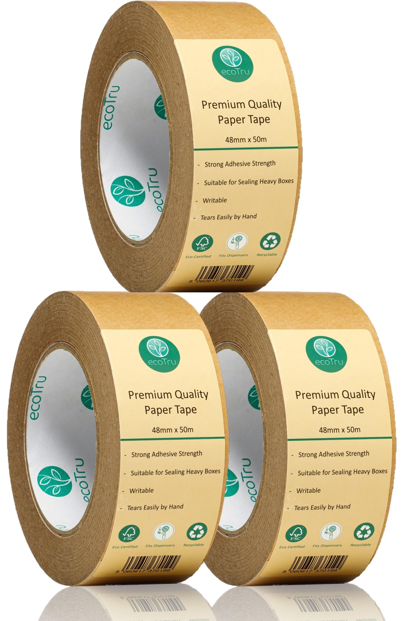 ecotru UK Ultra Strong Paper Packing Tape, British Brand Heavy Duty Brown Kraft Packaging Tape for Box & Parcel Sealing, Shipping & Moving, Eco Friendly & Uncoated, 48mm x 50m, 3 Rolls