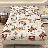 AILONEN Western Cowboy Fitted Sheet Set for Boys,Girls,3Pcs American Wild West Desert Hand Drawn Illustration Bedding Set Twin XL Size, Retro Farmhouse Style Bed Sheet Set,1 Sheet Set + 2 Pillowcase