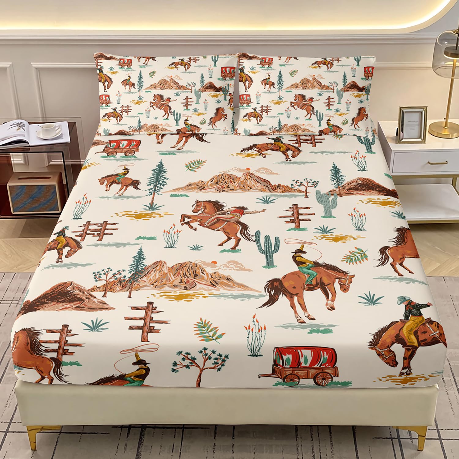 Photo 1 of AILONEN Western Cowboy Fitted Sheet Set for Boys,Girls,3Pcs American Wild West Desert Hand Drawn Illustration Bedding Set Twin Size, Retro Farmhouse Style Bed Sheet Set,1 Sheet Set + 2 Pillowcase