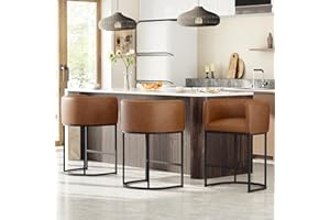 VATROS 26" H Counter Height Bar Stools Set of 3, Modern Barrel Counter Stools with Backrest and Arms, Faux Leather Upholstered Accent Barstools for Kitchen Island,Support 450 LBS（Walnut Brown）