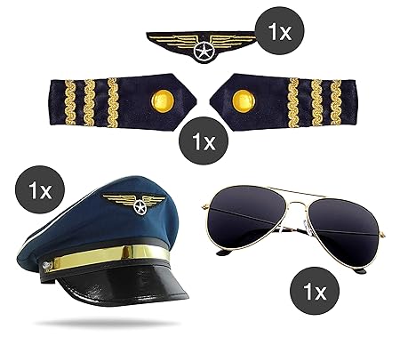 TK Gruppe Timo Klingler Pilot Set Kapitän Fasching Karneval für Herren Kostüm mit Schulterklappen Streifen, Pilotenhut, Pilot