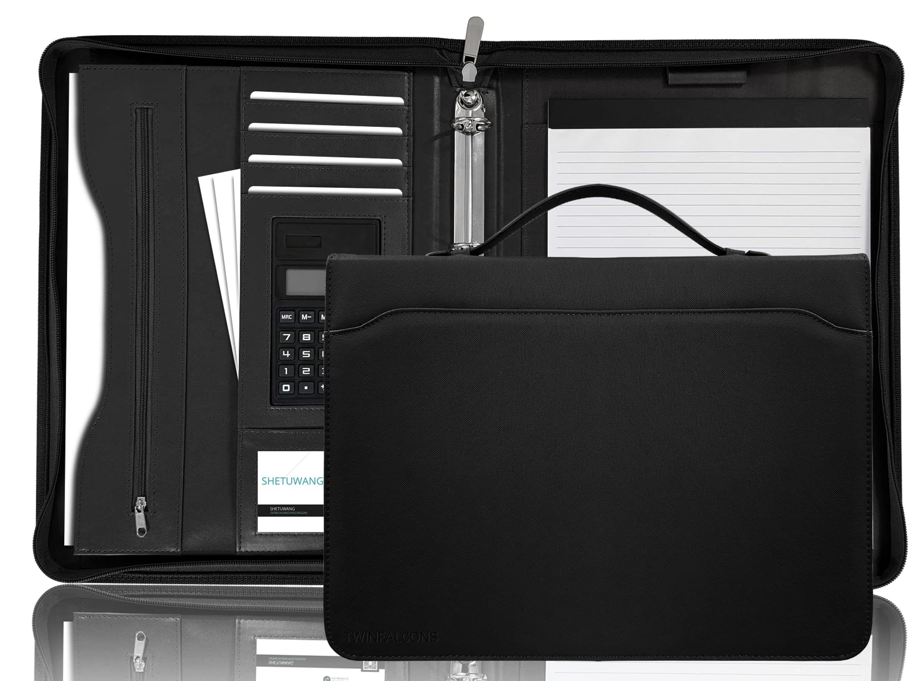 リングバインダーポートフォリオ フォルダーパッドフォリオ ハンドルファスナー付 ビジネスパッドフォリオポケット 太陽エネルギー計算機 カードキャッシュオーガナイザー ドキュメントプランナー ビッグ収納ポケット リーガルパッドホルダー 書類 電話 男性 女性 14.2*10.5