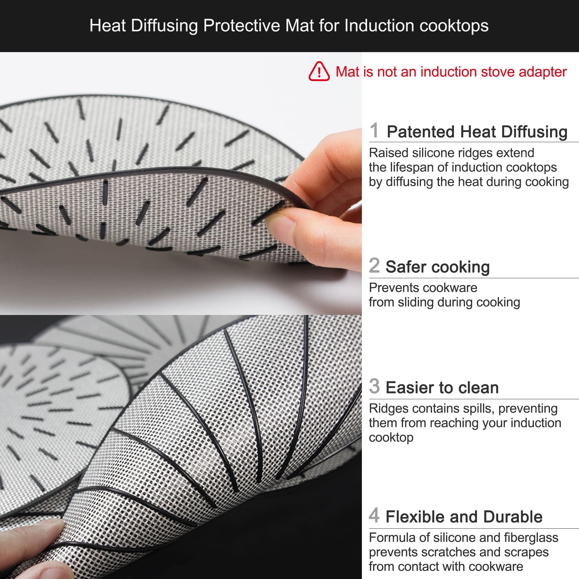 Lazy K Induction Cooktop Mat - Silicone Fiberglass Scratch Protector - for Magnetic Stove - Non Slip Pads to Prevent Pots from Sliding During Cooking (9.4 inches)