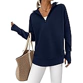 PRETTYGARDEN Womens Long Sleeve Quarter Zip Pullover Sweater Casual Loose V Neck Collared Ribbed Knit Jumper Tops Thumb Hole
