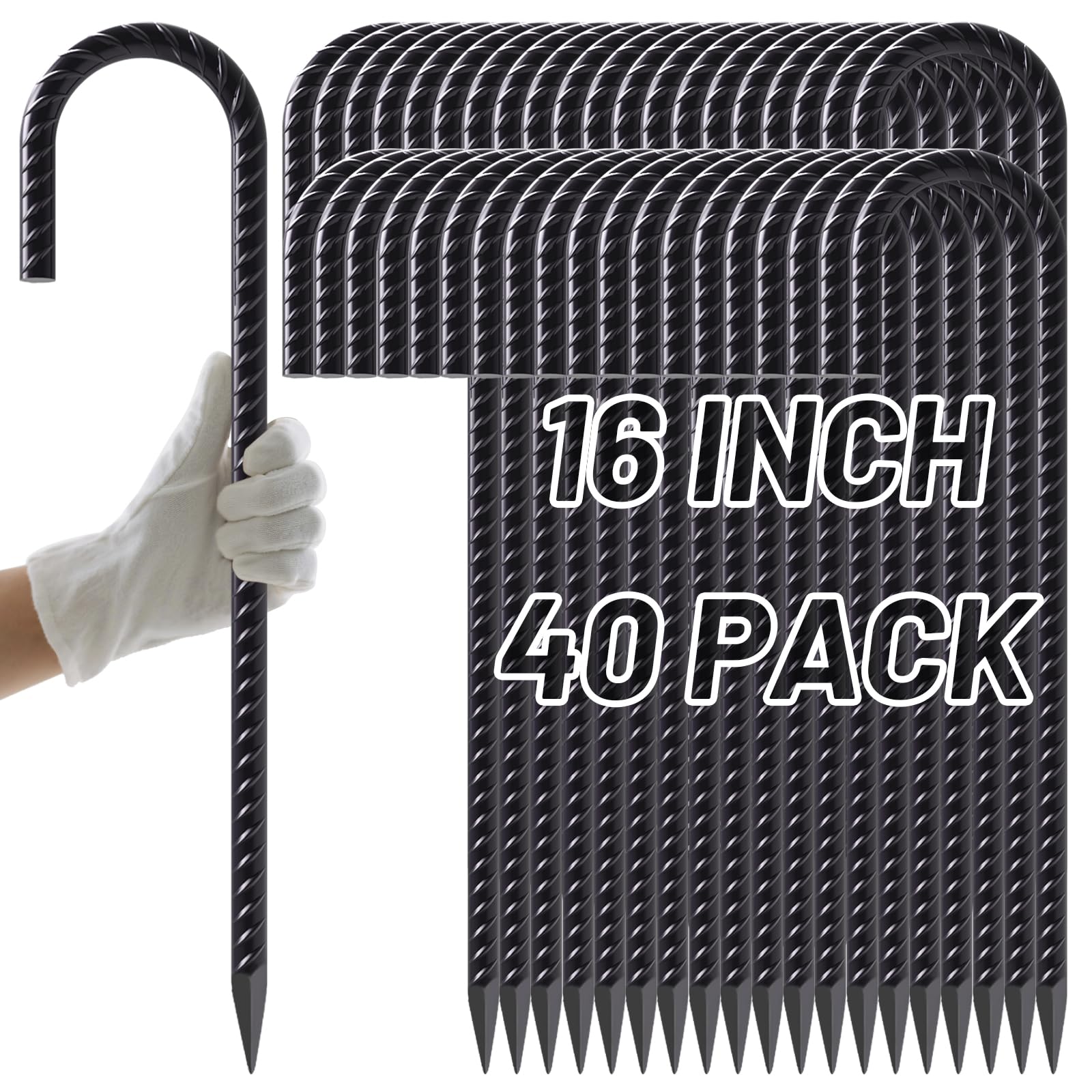 AAGUT Rebar Stakes 16 Inch J Hook Heavy Duty 40 Pack, 5/16 Inch Black Coated Metal Steel Ground Anchors Chain Link Fence Stakes for Camping Tent, Inflatables, Yard Decorations, Canopies & Swing Sets Image