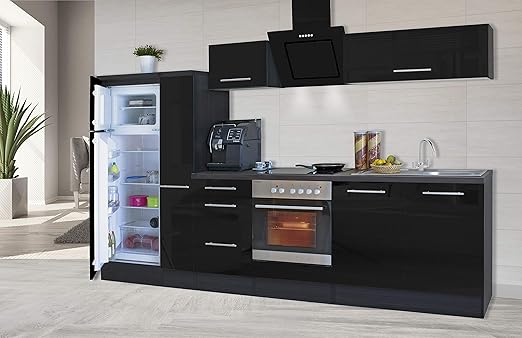 Respekta Kuchenzeile Kuche Kuchenblock Einbaukuche Hochglanz 300 Cm Eiche Schwarz Amazon De Kuche Haushalt