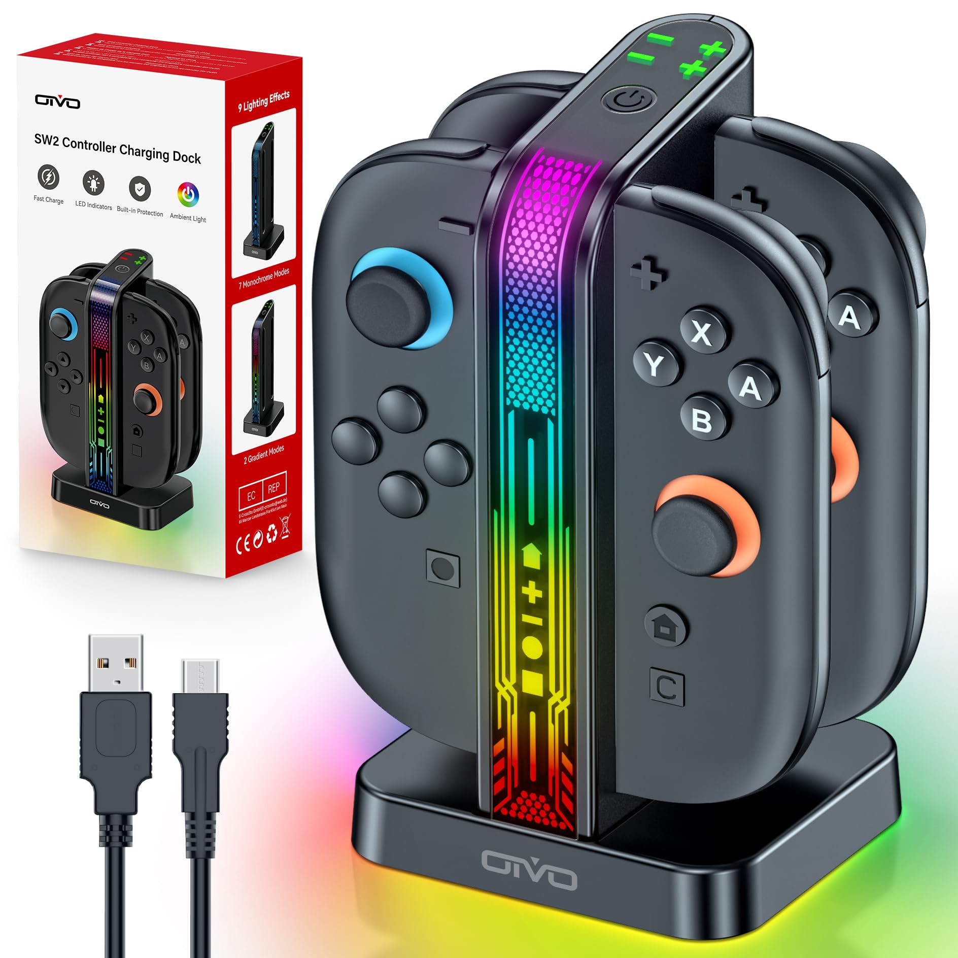 Switch 2 Controller Charger Dock for 2025 Nintendo Switch 2 JoyCon, 2.5H Fast Magnetic Charging Station with LED RGB & Indicator, Compact Joy-Con 2 Detachable Charging Accessories with Cable Protector