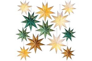 Cinnvoice 12 Pcs Christmas Paper Star Lantern 7/8/9 Points Sage Green Hanging Ornament 3D Neutral Star Lantern with String Light 12 and 17.72 Inch Hollow Lampshade for Xmas Party Decor(9 Pointed)