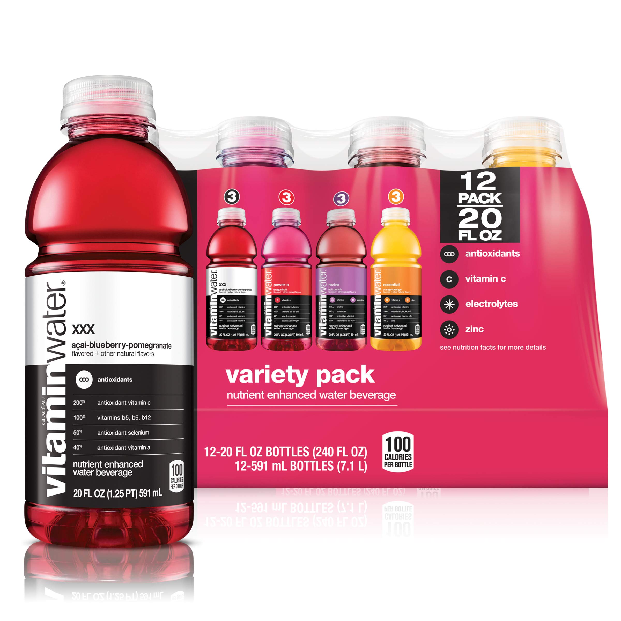 VitaminWater Flavored Water 4 Flavor Variety Pack 20 Fl Oz Bottles