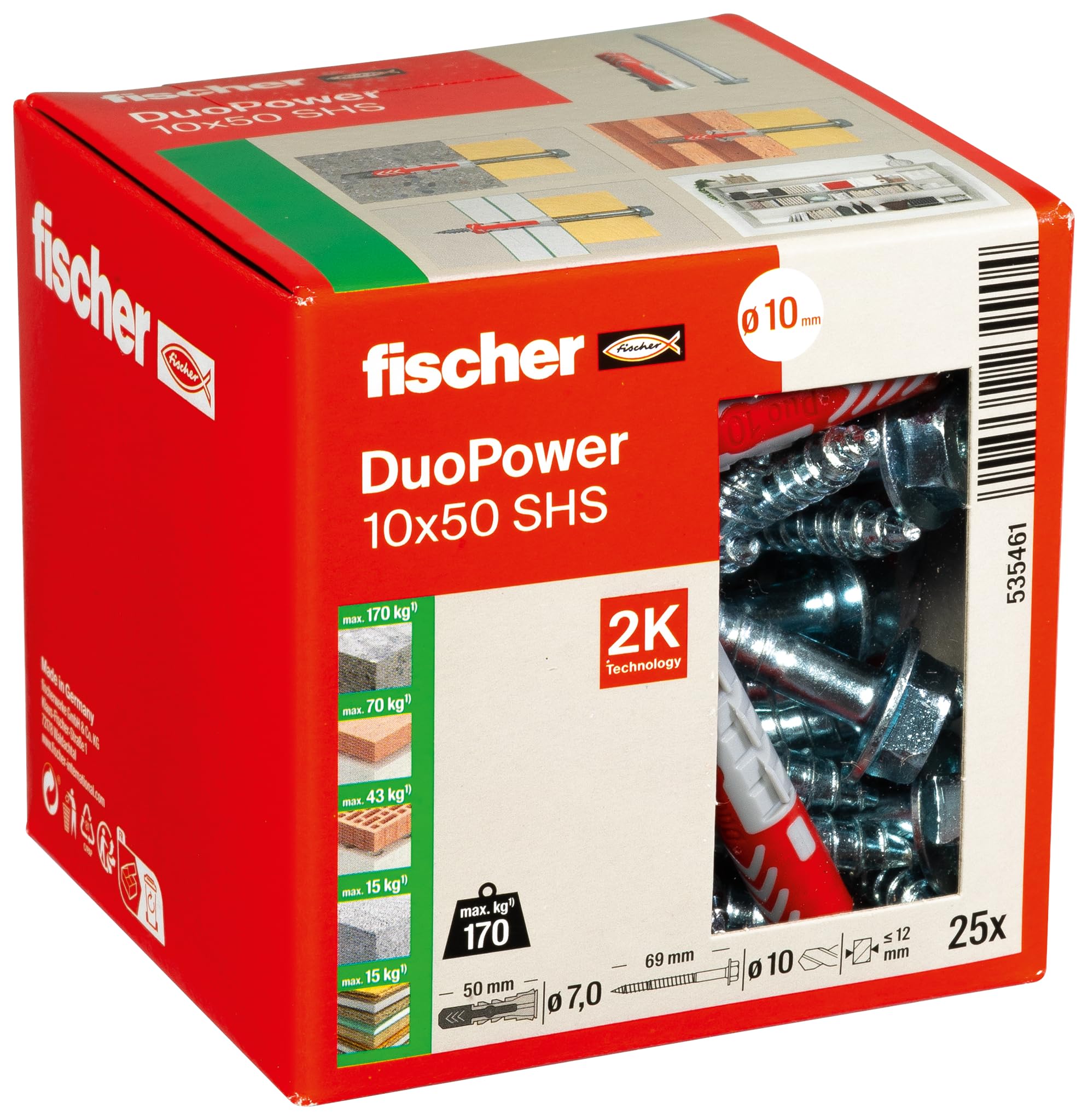 fischer DuoPower 10 x 50 S, powerful universal plug with safety screw, intelligent 2-component technology for fastenings in concrete, bricks, gypsum plasterboard, chipboard, etc., 25 plugs & 25 screws โ image 1