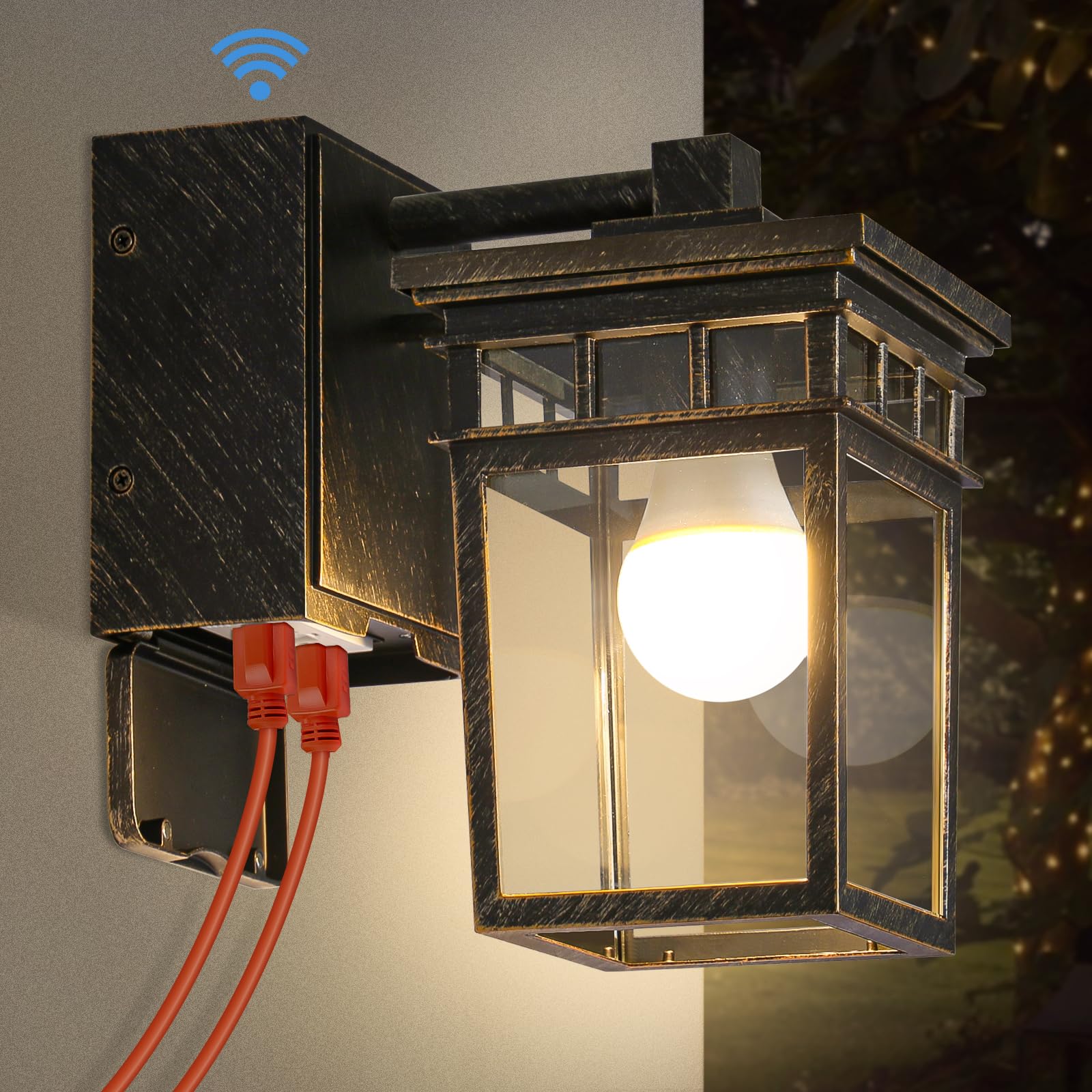 Photo 1 of Outdoor Wall Lantern with GFCI Outlet, Dusk to Dawn Outdoor Lighting with Clear Glass Shade, Waterproof Outside Porch Lights for House Garage Front Door, Bulb Included (Black with Brushed Gold)