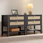 SICOTAS Rattan Nightstand Set of 2, Wide Boho Bedside Table with 2 Drawers | Large Night Stand Set of 2 with Open Shelf, Coastal Boho Bedside Table for King Bed, Bedroom, Guest Room, and Apartment Space