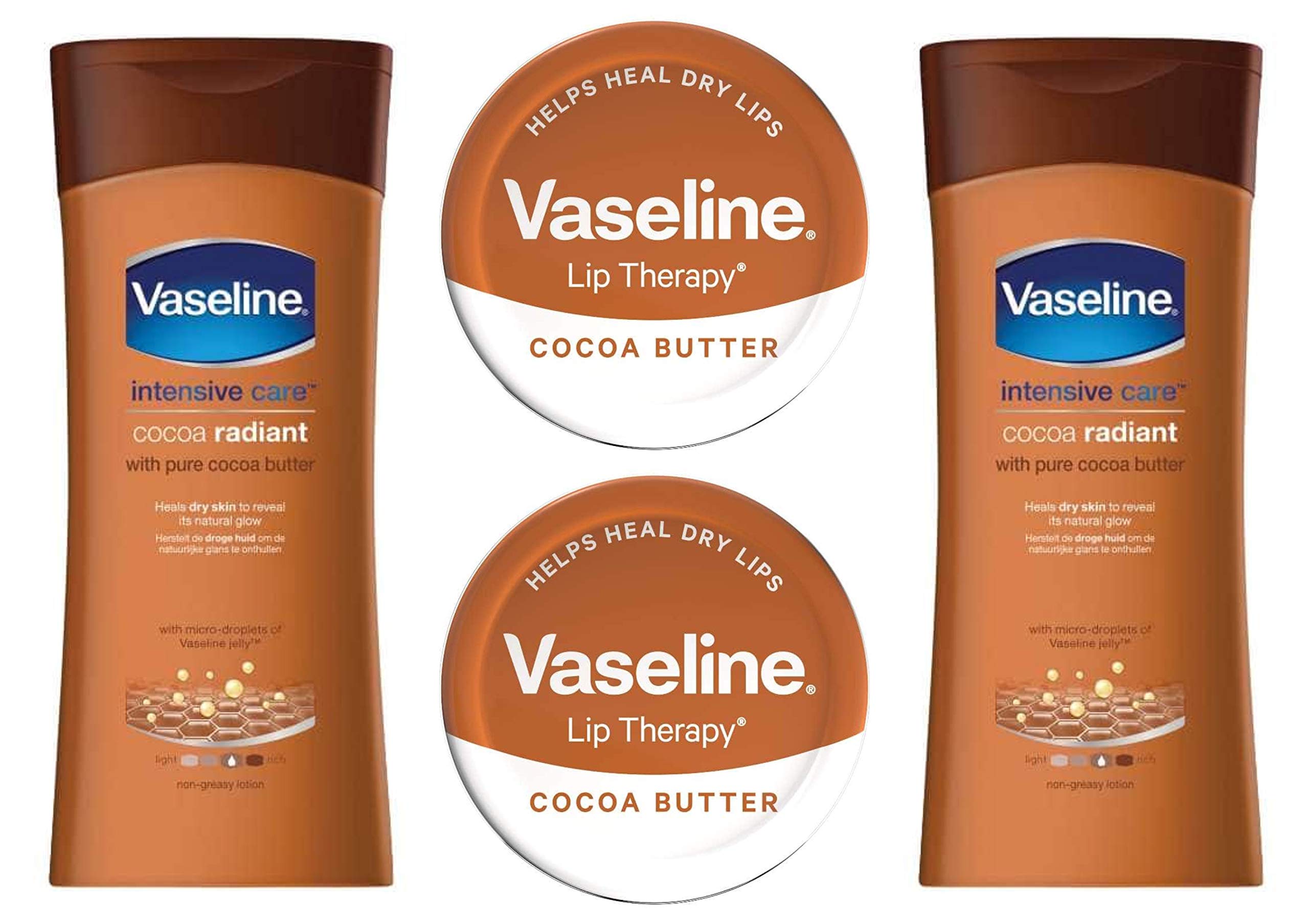 Cocoa Radiant Body Lotion and Cocoa Butter Lip Balm Set. 2x 200ml Intensive Care Lotion & 2x 20g Lip Therapy that soothes dry lips