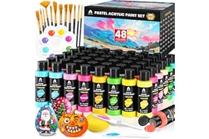 VIGORFUN 64 Pcs Pastel Acrylic Paint Set with 12 Brushes, 2 Knives & Palette, 48 Colors (2oz/60ml) - for Adults, Artists & Beginners - Canvas Ceramic Rock Wood Egg Painting Kit