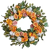 vivimemo 22-inch Spring Wreath Orange Rose Hydrangea Berry Green Leaf Front Door Wreath Indoor Outdoor Decoration Festival Party Wedding Office Decoration