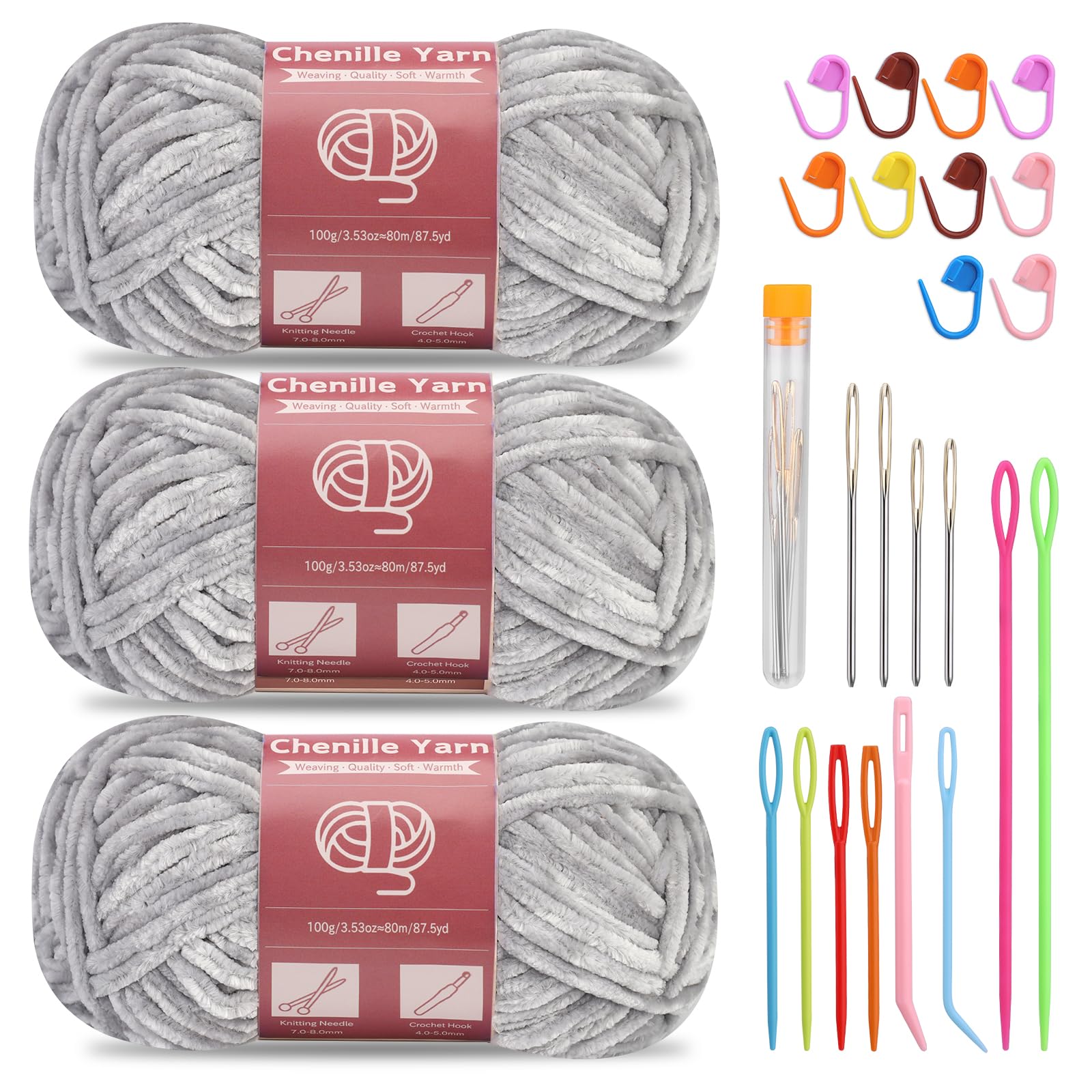 SUVSOON 3 * 100g Chenille Yarn, Chenille Velvet Yarn with Needles Stitch Marker Weaving Soft Velvet Yarns for Blankets, Clothes, Knitting (Light Grey)