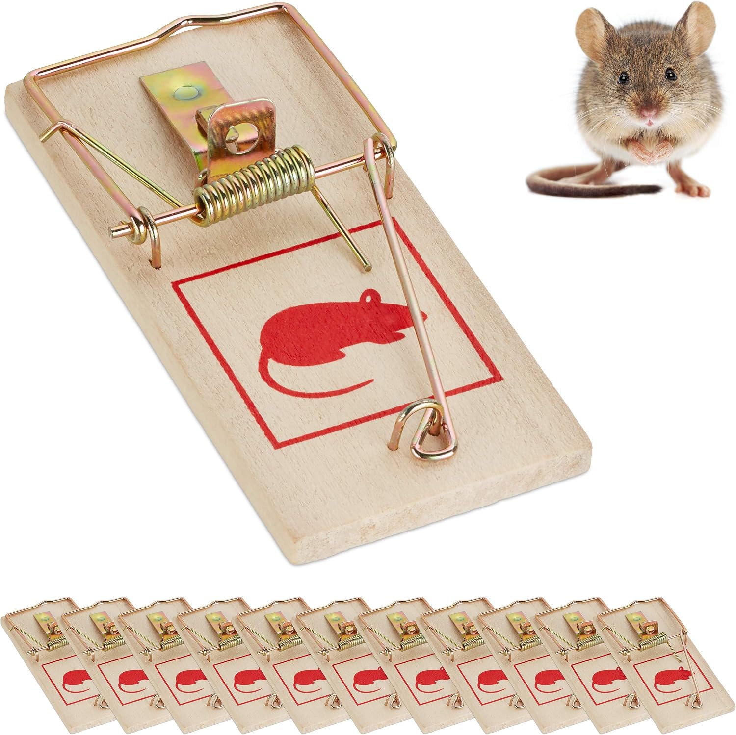 Relaxdays Set of 12 Mousetraps, Classic Mice Trap, Reusable, No Poison, Animal Trapping, Metal Hanger, Wooden, Natural