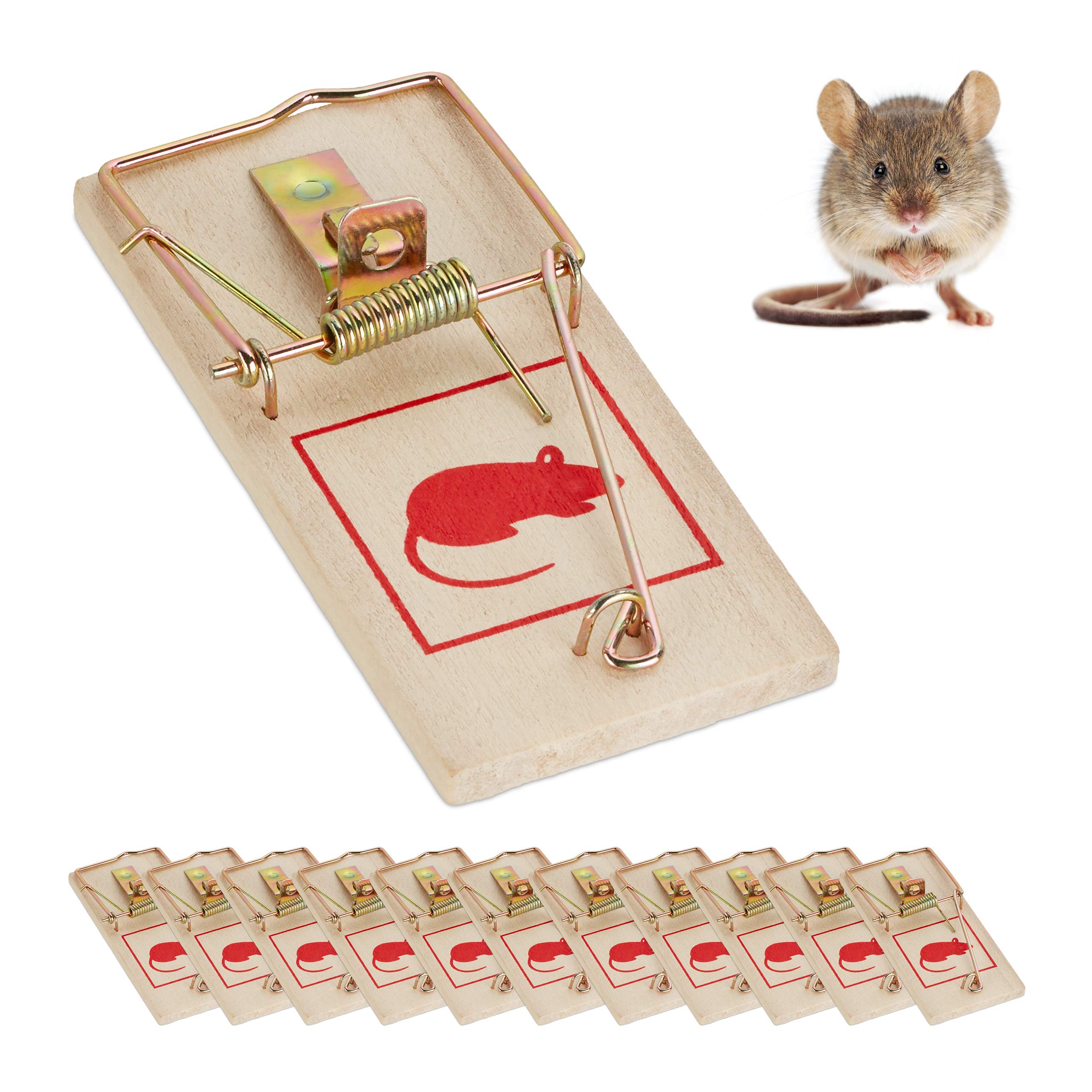 Relaxdays Set of 12 Mousetraps, Classic Mice Trap, Reusable, No Poison, Animal Trapping, Metal Hanger, Wooden, Natural
