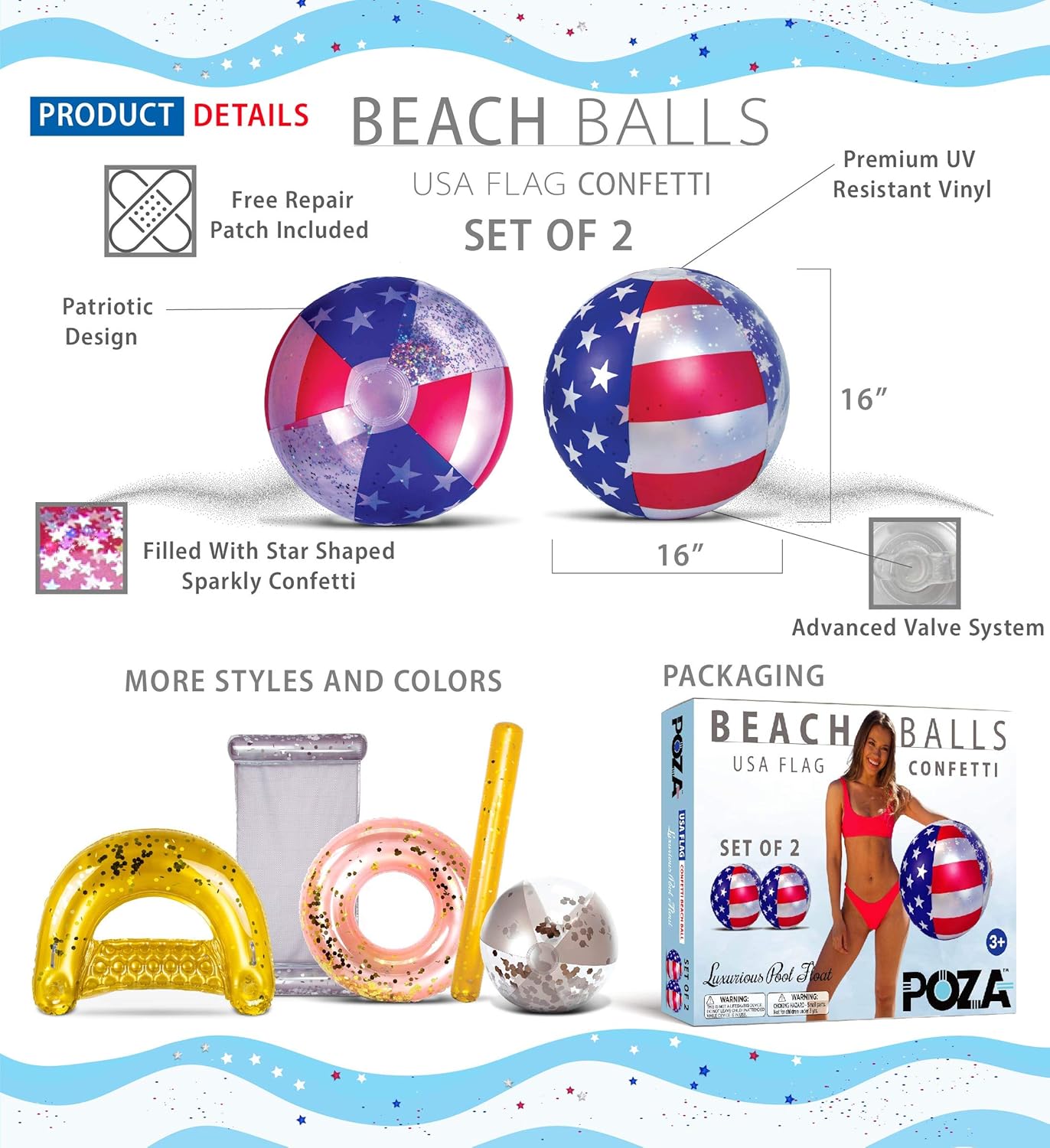 POZA 2 Pack Inflatable Pool Beach Balls - Premium Luxurious 16 Inch Large Beach Balls Filled with Sparkle Silver Stars Confetti, Cool Pool Party Float for Swimming Pool, Beach & Lake USA Flag: Sports & Outdoors