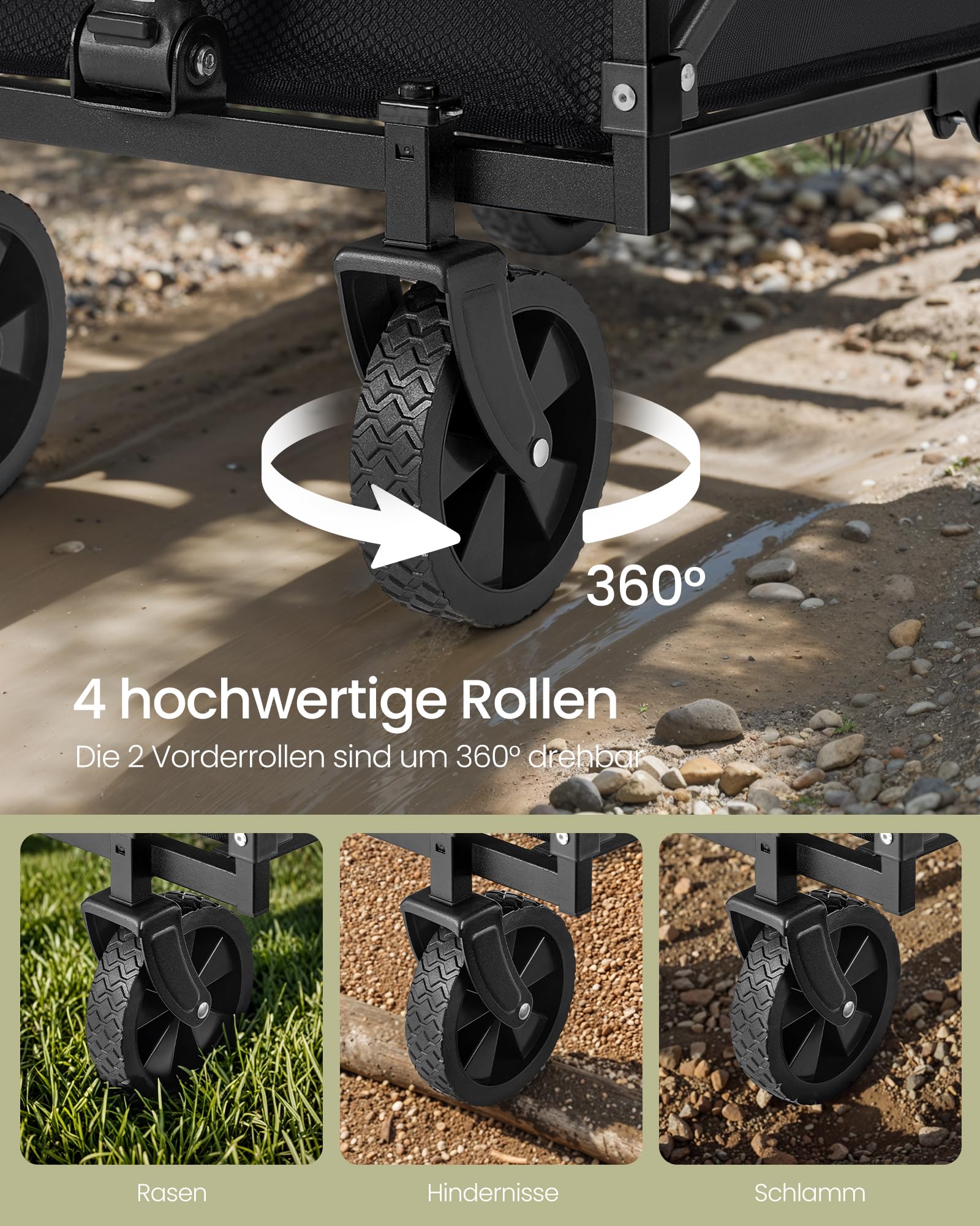 SONGMICS Kleiner Handwagen faltbar, Gartenwagen, kompakt, mit Griff, mit 4 verstärkten Rollen, Davon 2 Universalräder, bis 180 kg belastbar, Outdoor, Garten, 90 L, tintenschwarz GFW909B01 6