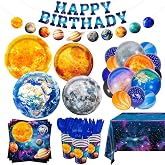 182pcs Outer Space Birthday Party Birthday Supplies Space Plates Napkins | Disposable Cups Tableware Set Tablecloth Banner and Balloons Boys Space Solar System Birthday Party Decorations 24 Serve