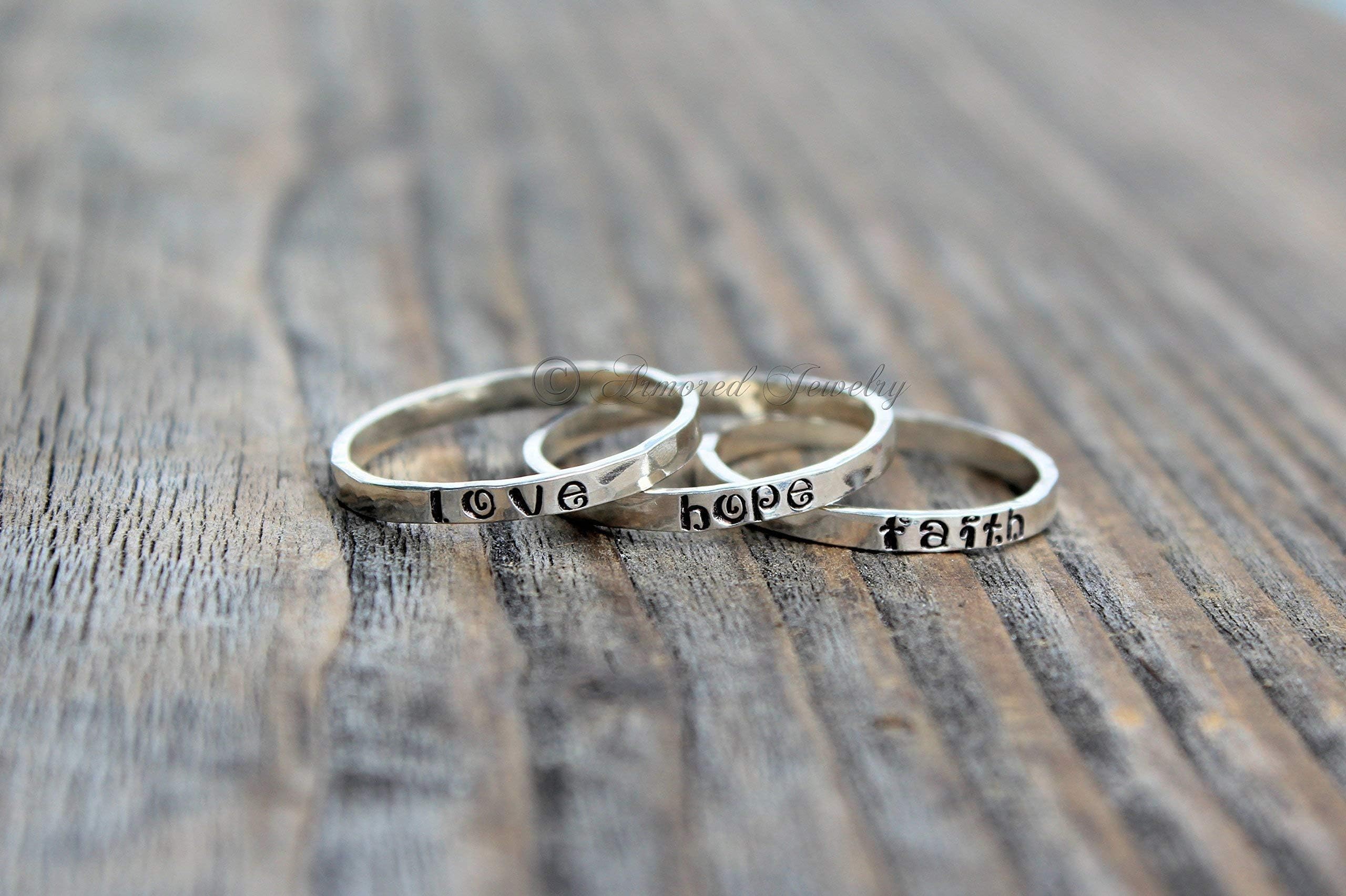 Sterling Silver Stackable Hope Faith Love Rings - Hammered Stacker Stacking Rings - Mother Daughter Set Jewelry Rings