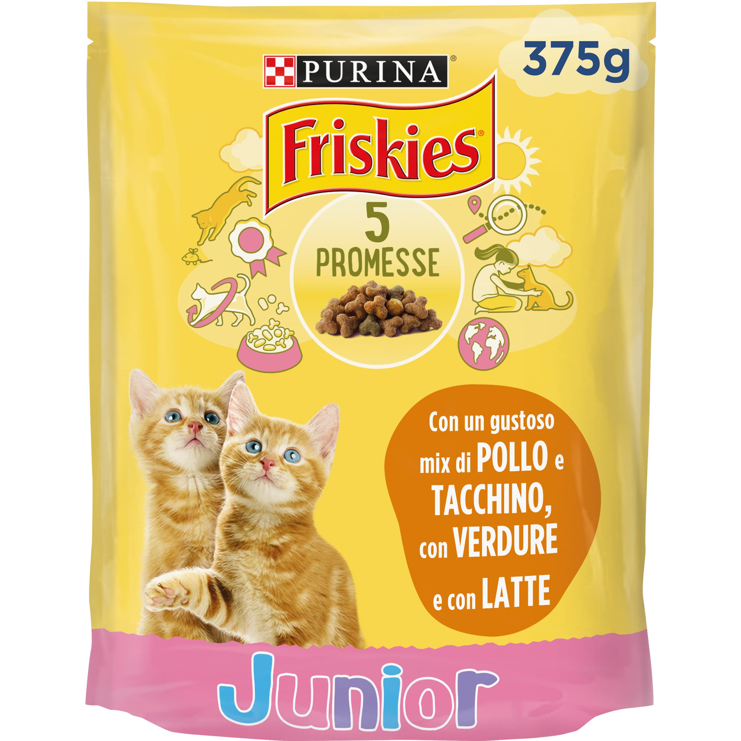 Purina Friskies Junior Puppy Cat Croquettes with Chicken, Milk and Vegetables, 12 Bags of 375g Each Pack of 12 x 375g, Total Weight 4.5kg