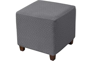 HFCNMY Ottoman Cover Stretch Knitted Jacquard Square Ottoman Cover Thick Ottoman Slipcover Square Storage Ottoman Cover Foot Stool Cover with Elastic Bottom Dark Gray Small