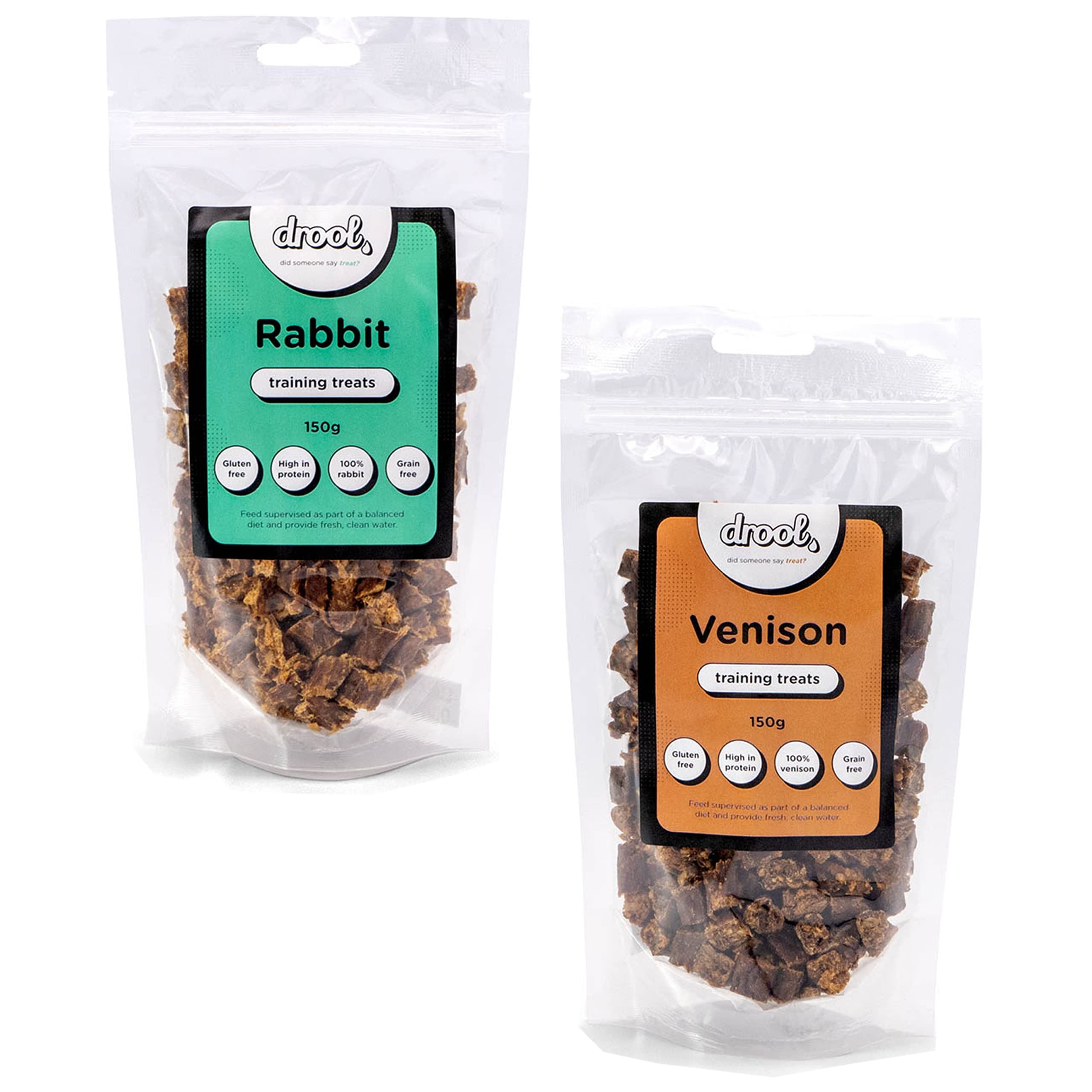 Drool Pet Products Natural Air Dried Dog Treats | Rabbit & Venison | Grain Free Healthy Training Chews for Dogs | 2 x 150g