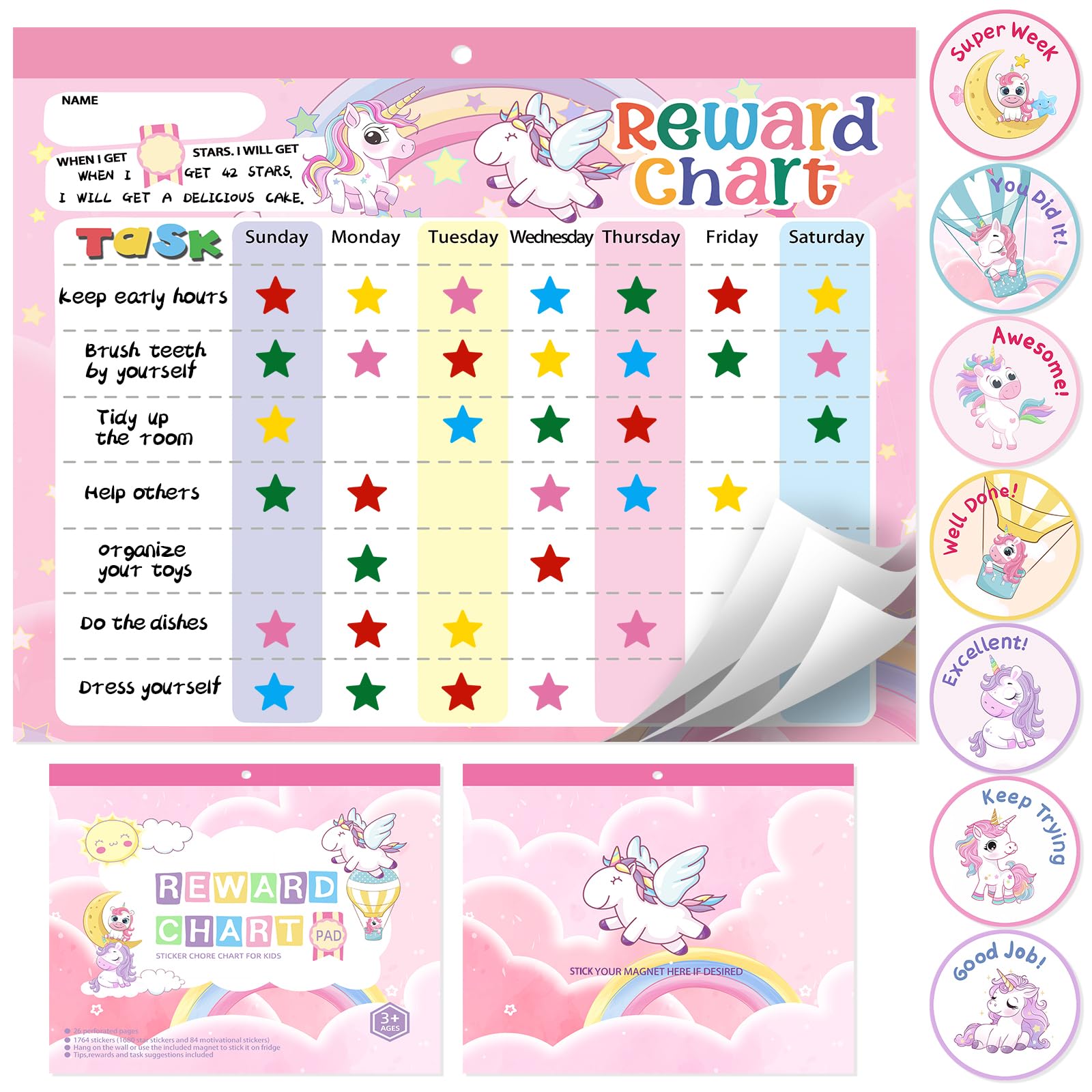 Magnetic Reward Chart for Kids at Home, Behavior Chart Pad with 26 Chore Charts, 1680 Star Stickers, 84 Motivational Stickers to Motivate Responsibility & Good Habits (Unicorn)