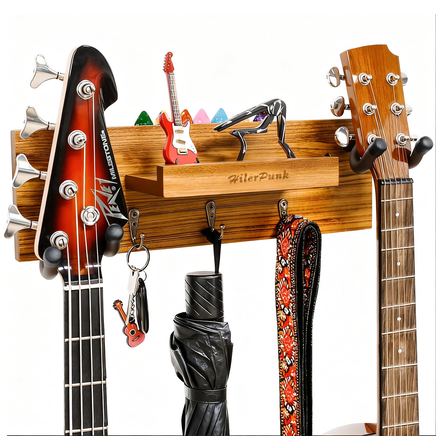 Guitar Wall Mount,Solid Wood Guitar Wall Hanger with 3 Storage Hooks and 2 Rotatable Rubber Guitar Hanger,Guitar Display Stand with Shelf and Pick Holder for All Size Guitar-Zebra Wood Color