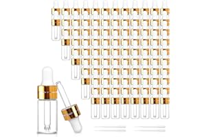 Comrzor 100 Pack 3ml Clear Glass Dropper Bottles with 4 Pcs Plastic Droppers, Mini Sample Dropper Bottles for Essential Oils Perfume Cosmetic Liquid, Empty Travel Sample Vials with Gold Cap
